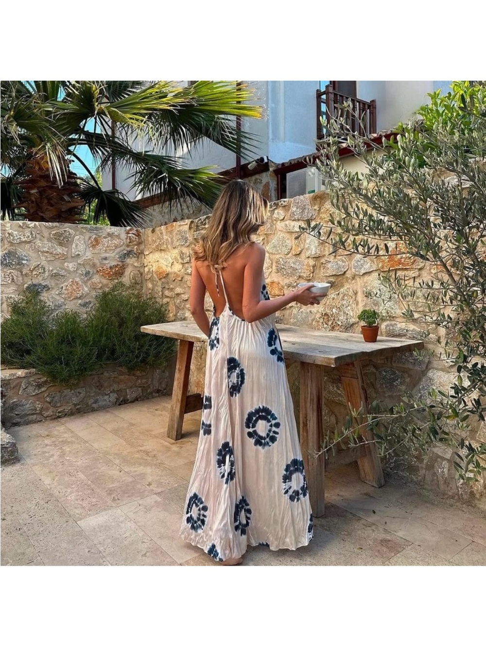 Zara Beige Maxi Dress with Navy Tie-Dye
